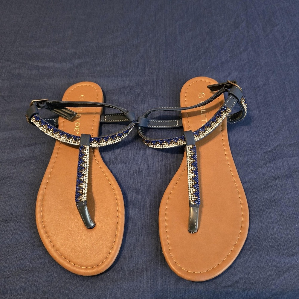 Gold Toe Sandals Womens Size 7 Blue Rhinestone Thong Ankle Strap Flat Summer
